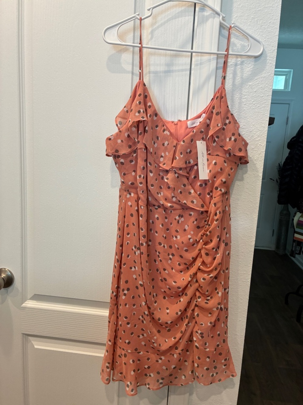 All in Favor Coral Polka Dot Ruffle Mini Dress